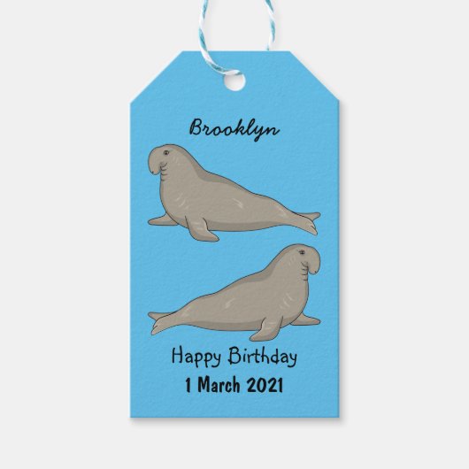 Afbeelding van de cartoon van olifantenzegels cadeaulabel (Voorkant)
