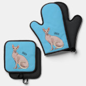 Afbeelding van de cartoon van sphynx-katten ovenwant & pannenlap set (Voorkant / Achterkant)