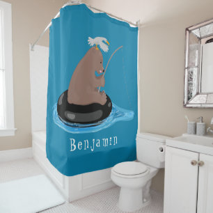 Afbeelding van de Cute beer cub Fishing cartoon Douchegordijn