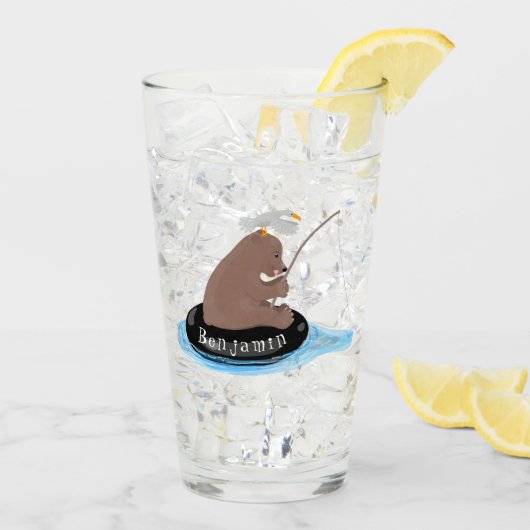 Afbeelding van de Cute beer cub Fishing cartoon Glas (Achterkant ijs)