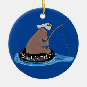 Afbeelding van de Cute beer cub Fishing cartoon Keramisch Ornament