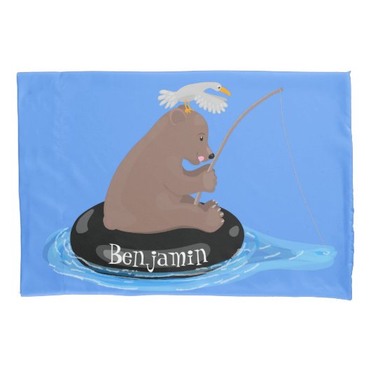 Afbeelding van de Cute beer cub Fishing cartoon Kussensloop (Voorkant)