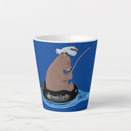 Afbeelding van de Cute beer cub Fishing cartoon Latte Mok (Voorkant)