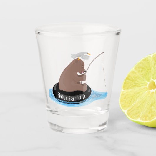 Afbeelding van de Cute beer cub Fishing cartoon Shot Glas (Voorkant)