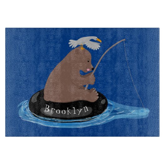 Afbeelding van de Cute beer cub Fishing cartoon Snijplank (Voorkant)