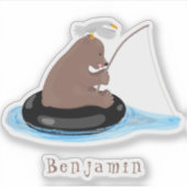 Afbeelding van de Cute beer cub Fishing cartoon Sticker (Voorkant)