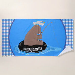 Afbeelding van de Cute beer cub Fishing cartoon Strandlaken