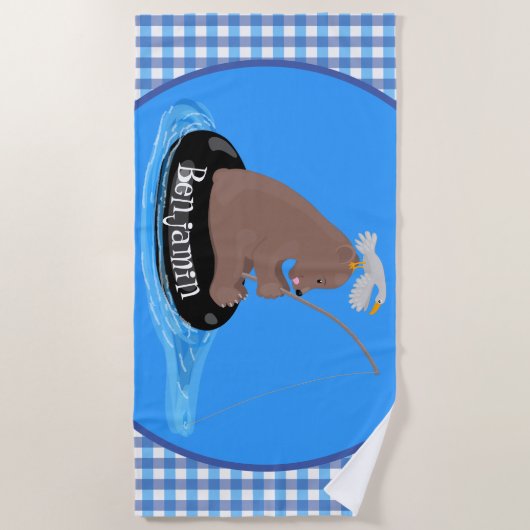 Afbeelding van de Cute beer cub Fishing cartoon Strandlaken (Voorkant)