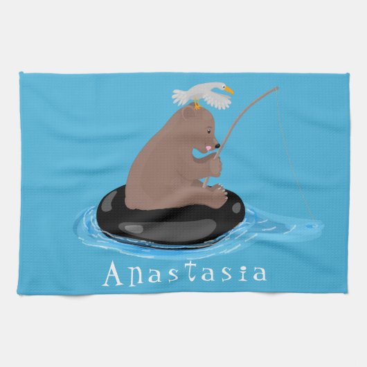 Afbeelding van de Cute beer cub Fishing cartoon Theedoek (Horizontaal)