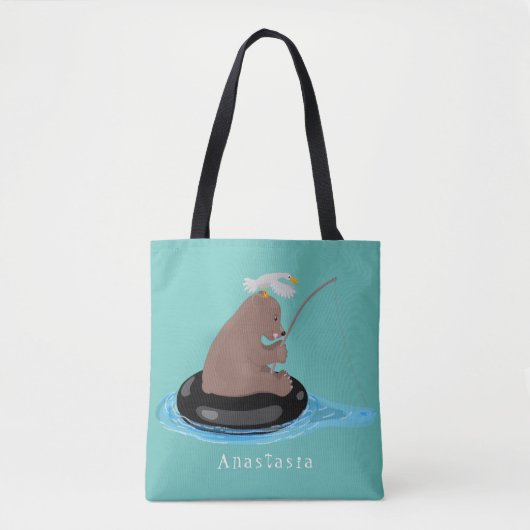 Afbeelding van de Cute beer cub Fishing cartoon Tote Bag (Voorkant)