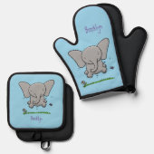 Afbeelding van de schattige baby-olifant cartoon ovenwant & pannenlap set (Voorkant / Achterkant)