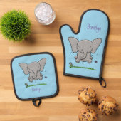 Afbeelding van de schattige baby-olifant cartoon ovenwant & pannenlap set (Top down)