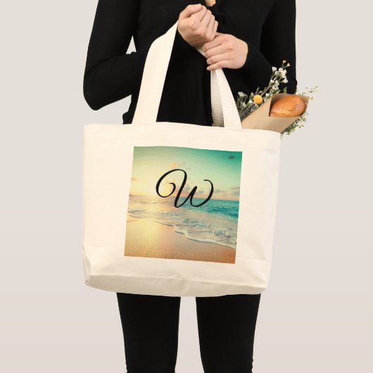 Afbeelding van een strand op zonsopgang grote tote bag (Voorkant (product))
