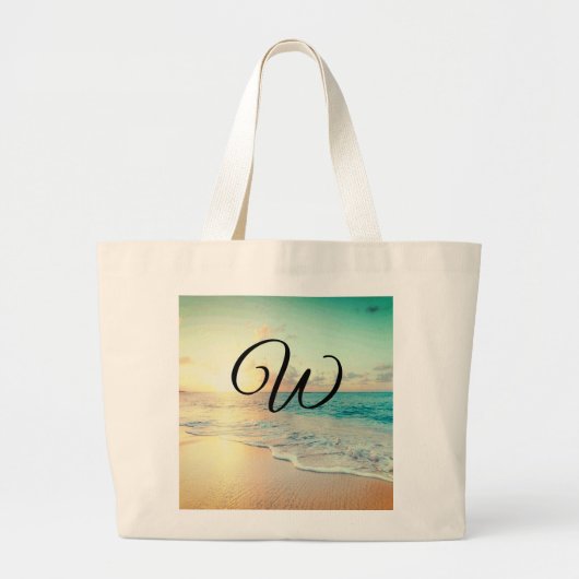 Afbeelding van een strand op zonsopgang grote tote bag (Voorkant)
