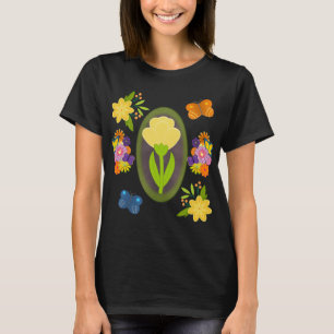 Afbeelding van gele Tulp met bloemen en vlinders T-shirt