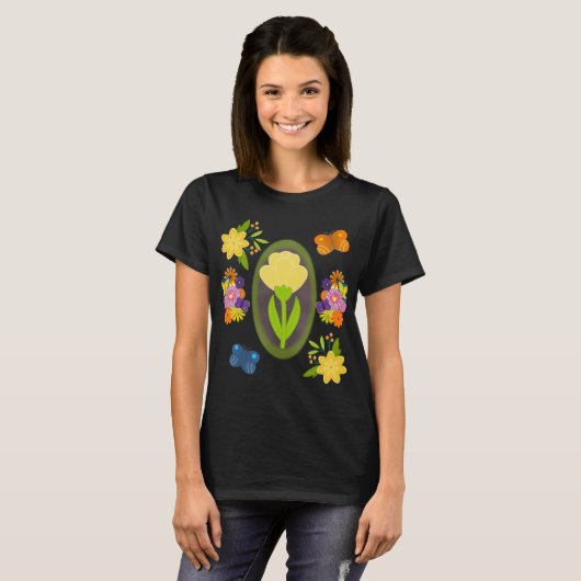 Afbeelding van gele Tulp met bloemen en vlinders T-shirt (Voorkant volledig)