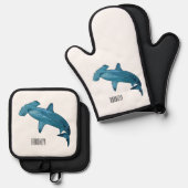 Afbeelding van hamerhaaienhaai cartoon ovenwant & pannenlap set (Voorkant / Achterkant)