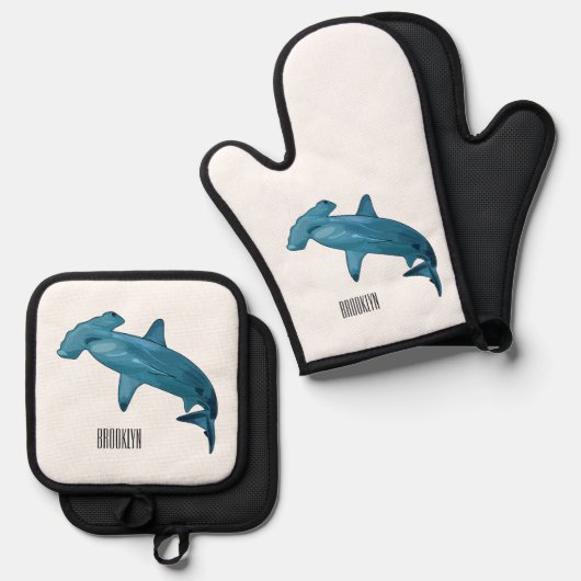 Afbeelding van hamerhaaienhaai cartoon ovenwant & pannenlap set (Voorkant / Achterkant)