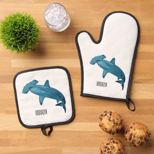 Afbeelding van hamerhaaienhaai cartoon ovenwant & pannenlap set (Top down)