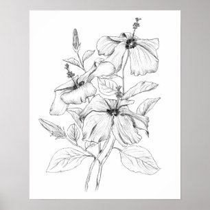 afbeelding van hibiscus bloem zwart-witte inkt poster