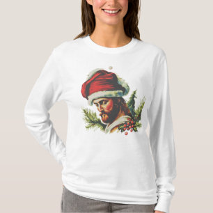 Afbeelding van Jezus met geborduurde kerstmuts T-shirt