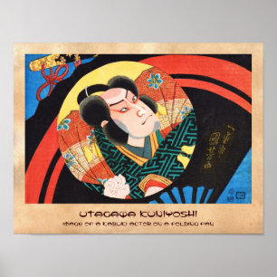 Afbeelding van kabuki-acteur op opvouwbare waaier poster