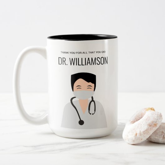 Afbeelding van mannelijke dokter Dank u wel Tweekleurige Koffiemok (Met donut)