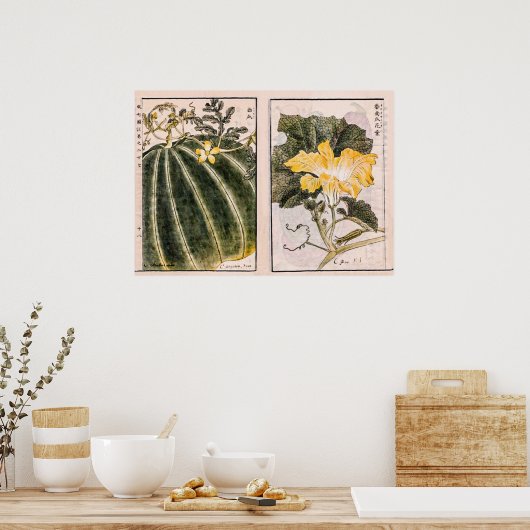  afbeelding van pompoen, bladeren en bloemen poster (Keuken)