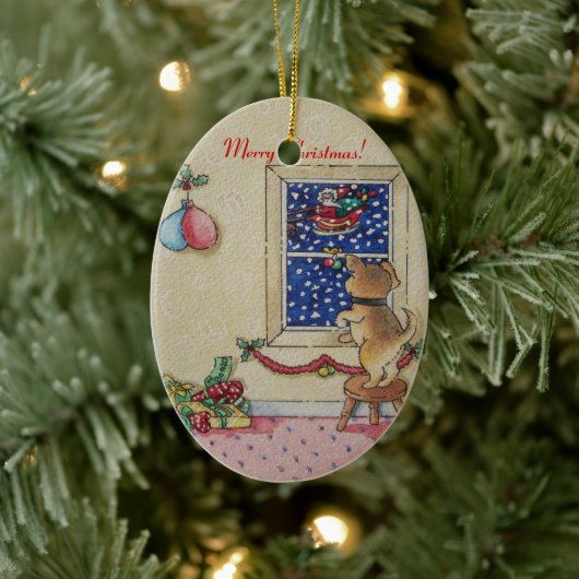 afbeelding van schattige puppy met kerst keramisch ornament (Boom)