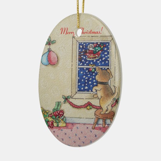 afbeelding van schattige puppy met kerst keramisch ornament (Links)