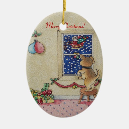 afbeelding van schattige puppy met kerst keramisch ornament (Voorkant)