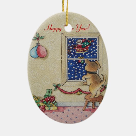 afbeelding van schattige puppy met kerst keramisch ornament (Achterkant)