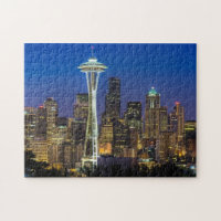Afbeelding van Seattle Skyline in de ochtenduren.
