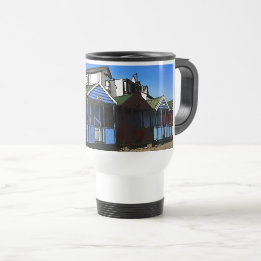 afbeelding van strandhutten en Blue Skies aan zee Reisbeker (Voorkant rechts)