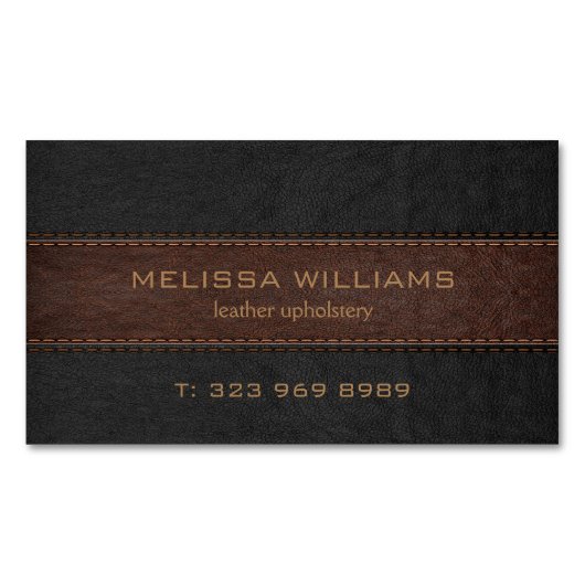 Afbeelding van zwart en bruin gestikt leder magnetisch visitekaartje (Voorkant)