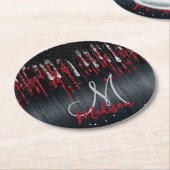 Afbeelding zwart-wit en rood zilverglitter druppel ronde kartonnen onderzetter (Gebogen)