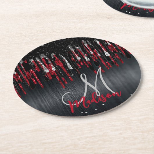 Afbeelding zwart-wit en rood zilverglitter druppel ronde kartonnen onderzetter (Gebogen)