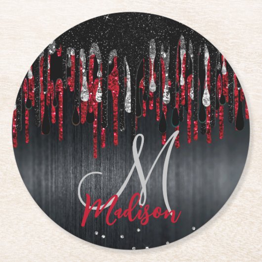 Afbeelding zwart-wit en rood zilverglitter druppel ronde kartonnen onderzetter (Voorkant)