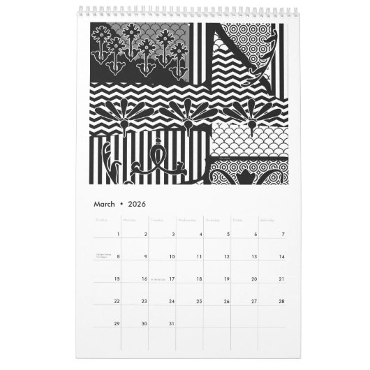Afbeeldingen in zwarte en witte agenda kalender (Mar 2026)