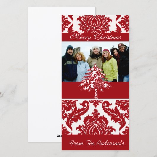Afbeeldingen van de Red & White Damask Pine Holida Feestdagenkaart (Voorkant / Achterkant)