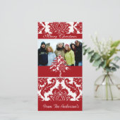 Afbeeldingen van de Red & White Damask Pine Holida Feestdagenkaart (Staand voorkant)