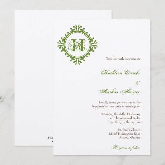  afbraakgroene bladeren lijst monogram bruiloft kaart (Voorkant / Achterkant)