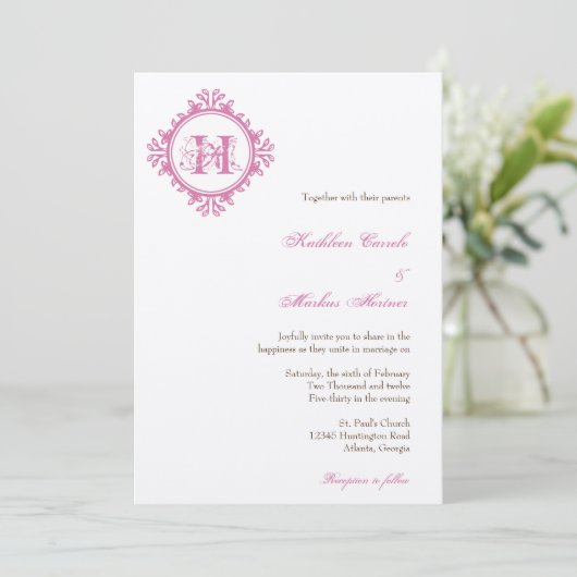  afbraakroze bladeren lijst monogram bruiloft kaart (Staand voorkant)