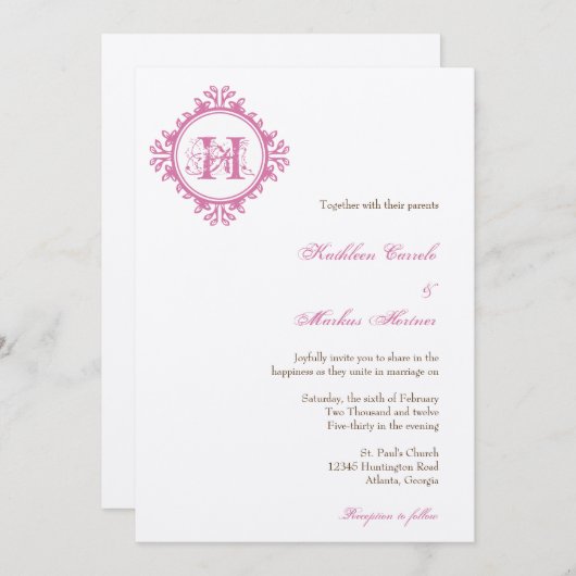 afbraakroze bladeren lijst monogram bruiloft kaart (Voorkant / Achterkant)