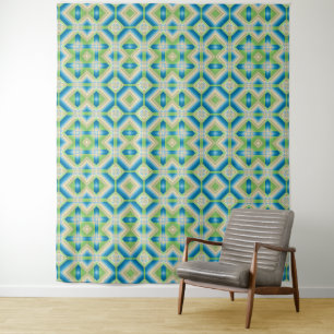 Afbrekende geometrische vormen blauw groen wit ele wandkleed