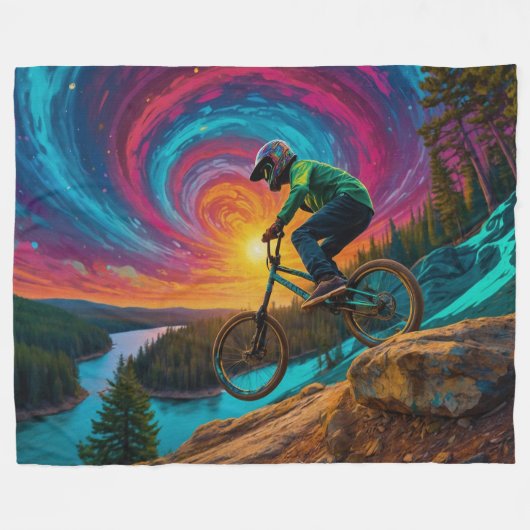 Afdalende BMX-rit langs een bosmeer Fleece Deken (Voorkant (Horizontaal))