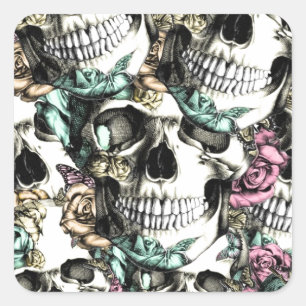 Afdalende rozen schedels met vlinders. vierkante sticker