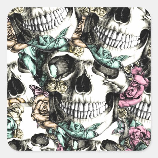 Afdalende rozen schedels met vlinders. vierkante sticker (Voorkant)