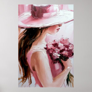 Afdruk,Romantische vrouw met bloemen – Zacht roze Poster