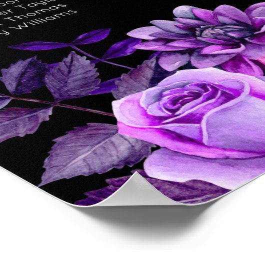 Afdruk van de zwarte en paarse trouwtafel poster (Hoek)